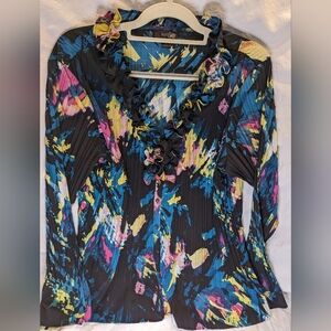 East 5th Woman's 1XL Blouse Shirt Abstract Splash Print black Yellow pink